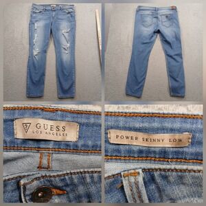 Guess Power Skinny Low Distressed Jeans Women's Size 34 Blue Stretch Denim EUC